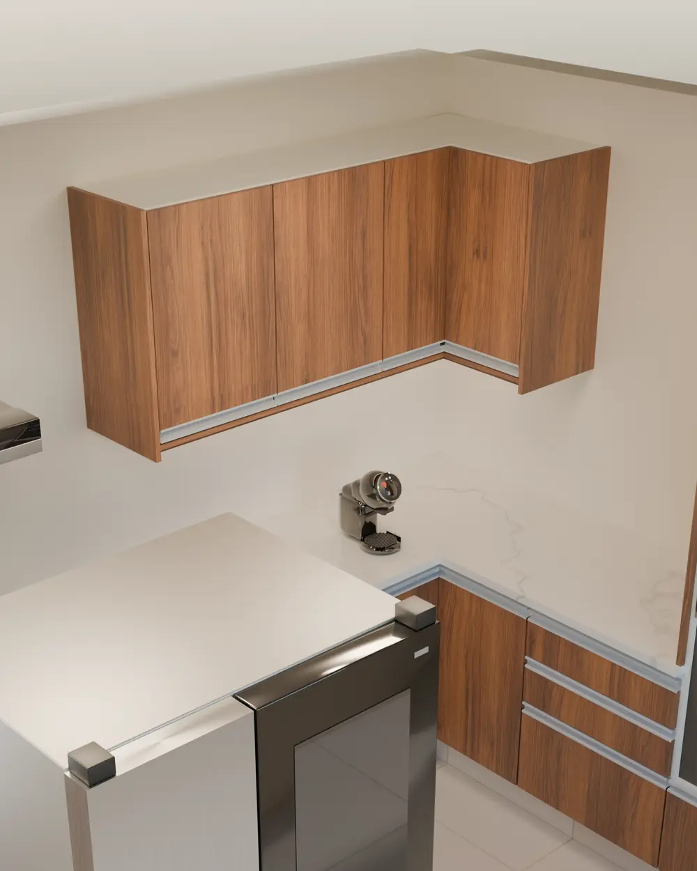 Diseño 3D de una cocina en L con muebles símil madera, mesada blanca y heladera integrada